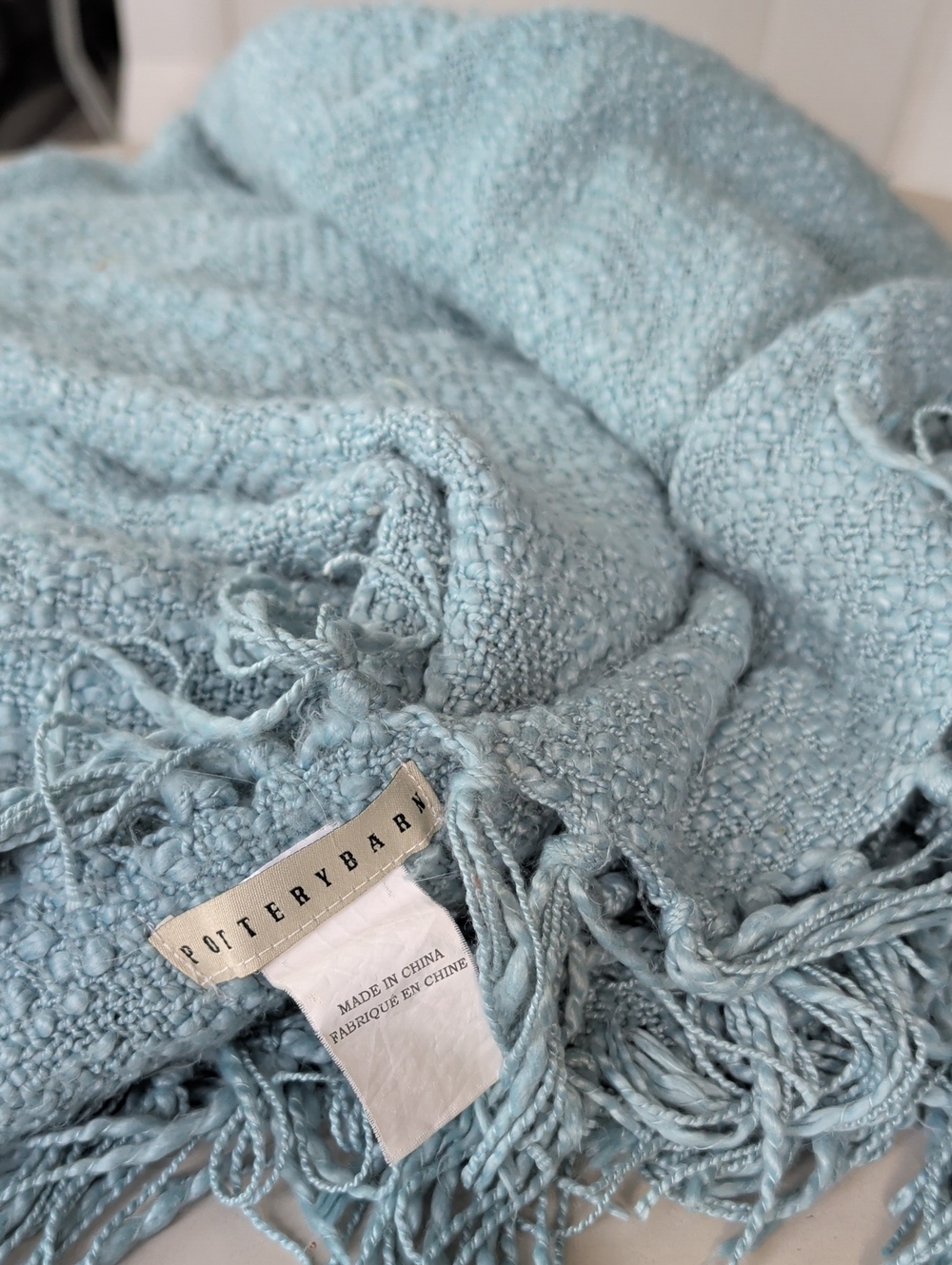 Pottery Barn Light Aqua Teal Fringe Throw Blanket 50x60" Chic Neutral Beachy